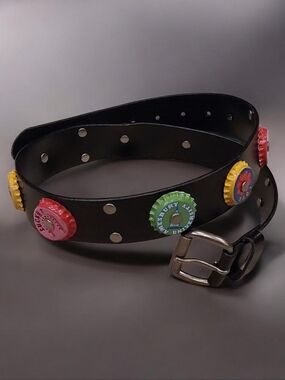 Y2k Bottle Cap Black Bonded Leather Belt Size M